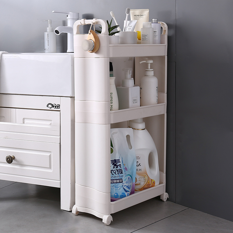 Slim rack 3Tier Pull Out Removable Storage Toilet Corner Organizer No Drill Bathroom Rack Plastic Shelf Wheeled Trolley cart