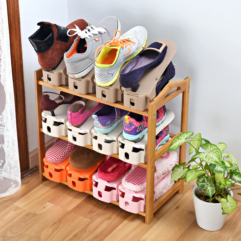 Double deck easy shoe slots holder non-slip stacker space saver storage rack holder white plastic shoe rack closet foldable