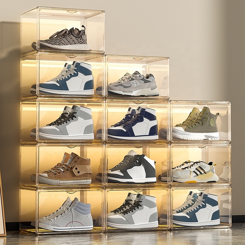 Clear Magnet Plastic Shoe Boxes Drop Front Shoe Storage Box Acrylic custom transparent display shoe boxes stackable organizer