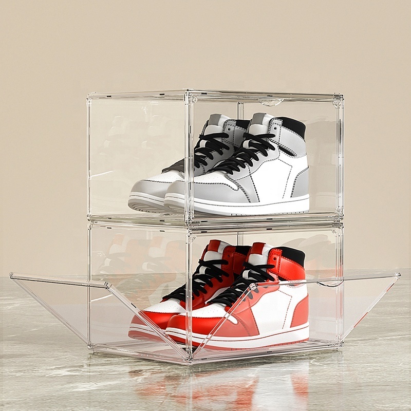 Clear Magnet Plastic Shoe Boxes Drop Front Shoe Storage Box Acrylic custom transparent display shoe boxes stackable organizer