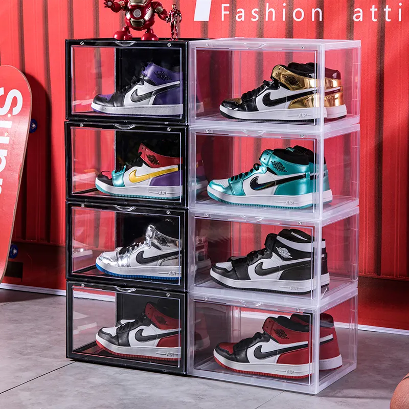 Clear Magnet Plastic Shoe Boxes Drop Front Shoe Storage Box Acrylic custom transparent display shoe boxes stackable organizer