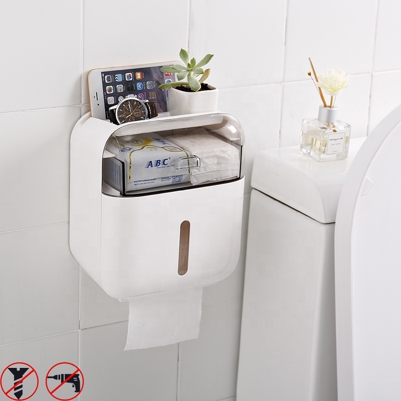 Wall-Mounted Bathroom Tissue Paper Holder with phone shelf Multifunction Tissue Box