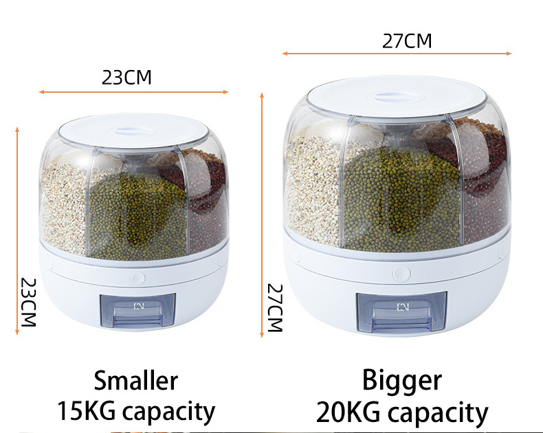 360 rotating rice dispenser glass 15KG rice dispenser 6 grid Cereals and Grain dispenser supermarket dry food storage