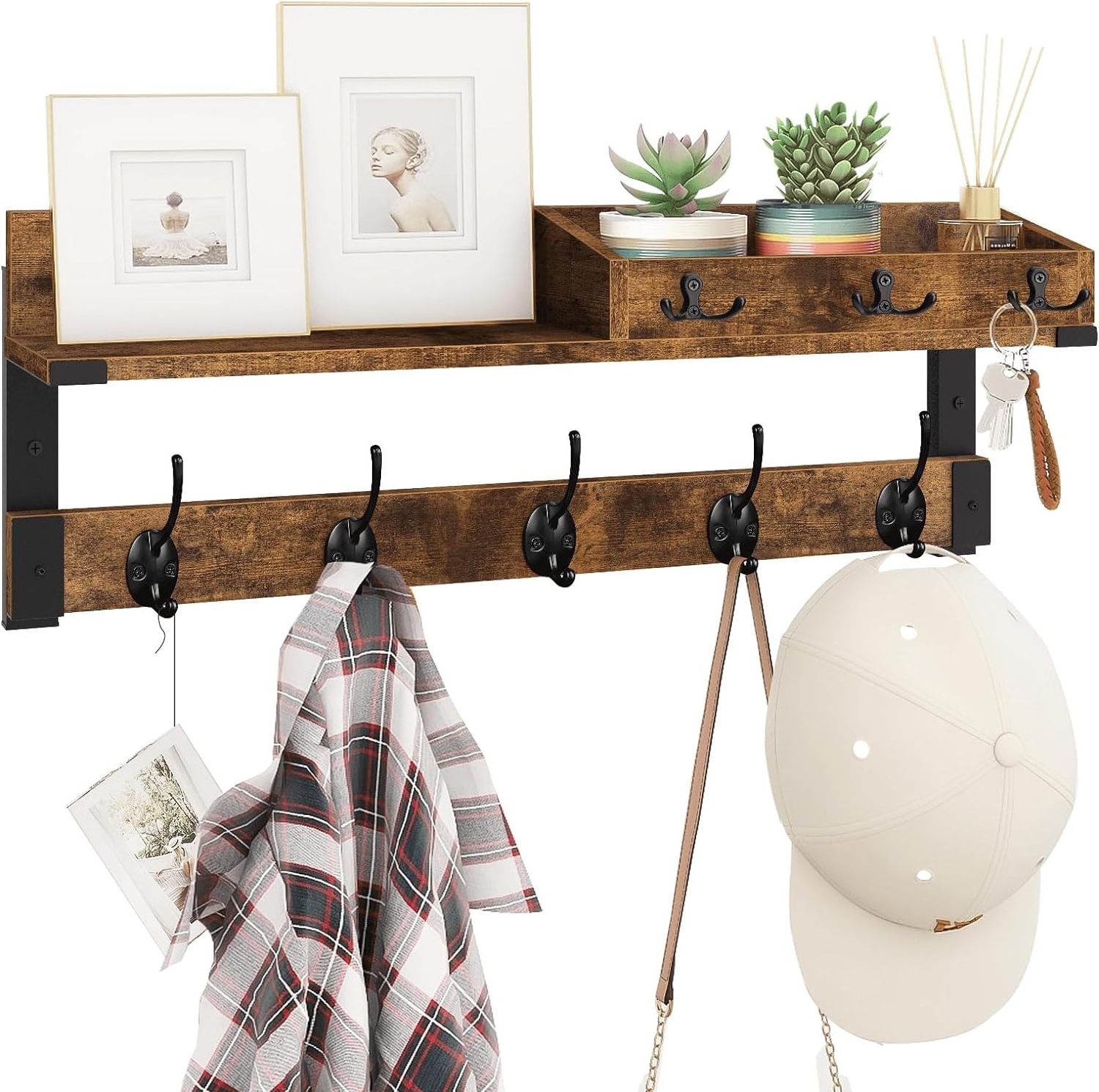 Wall Shelf with Hooks, 26 Inch Long Coat Hanger Wall Mount  Wood Entryway Shelf for Hanging Hat Jacket Backpack Purse