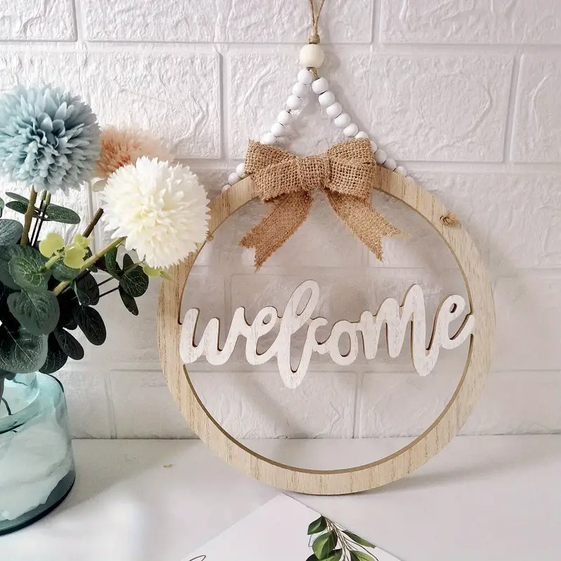 Welcome Sign Front Door Decor Round Wood Wall Signs For Wooden Farmhouse Porch Hangers Hello Wreaths Decoration, Housewa