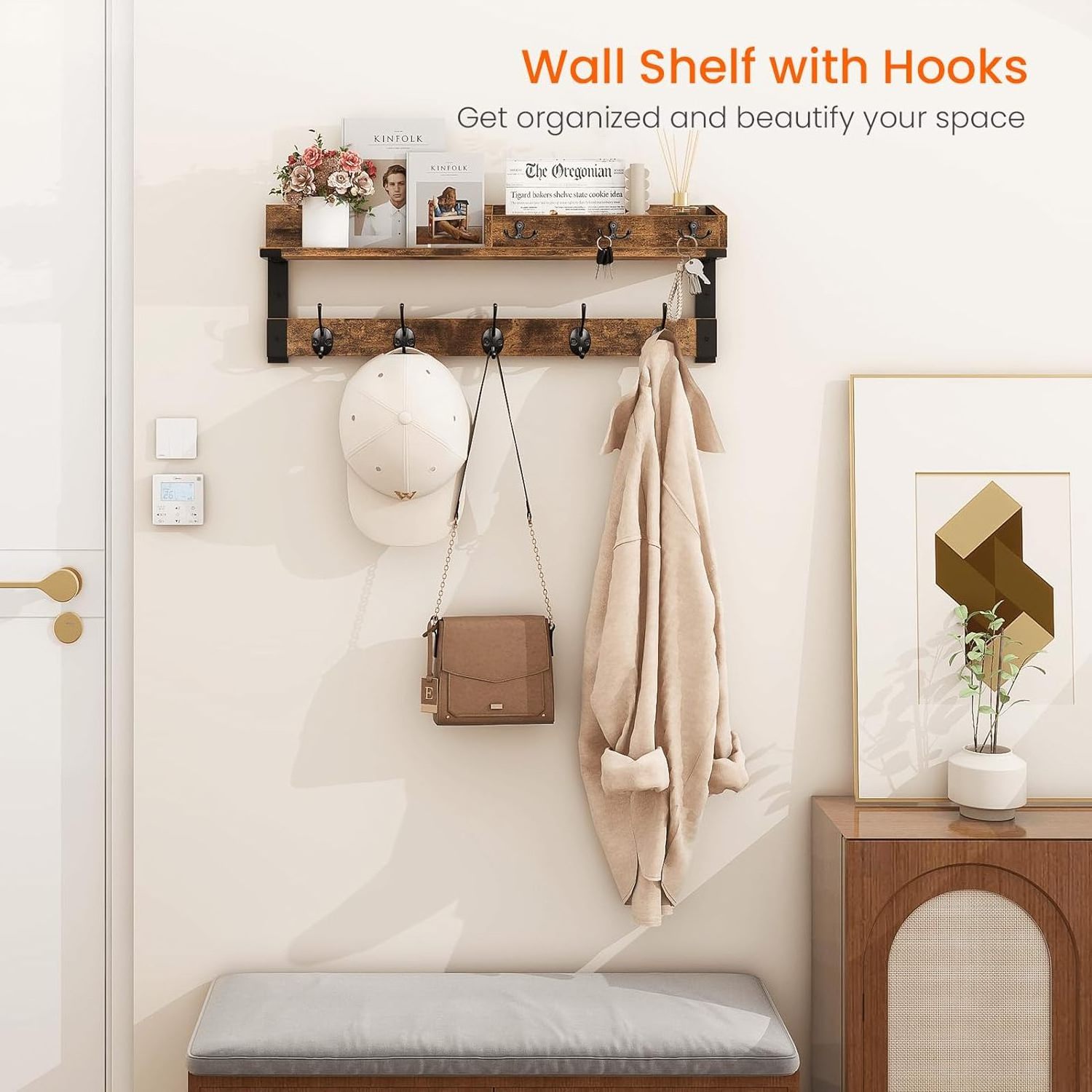 Wall Shelf with Hooks, 26 Inch Long Coat Hanger Wall Mount  Wood Entryway Shelf for Hanging Hat Jacket Backpack Purse