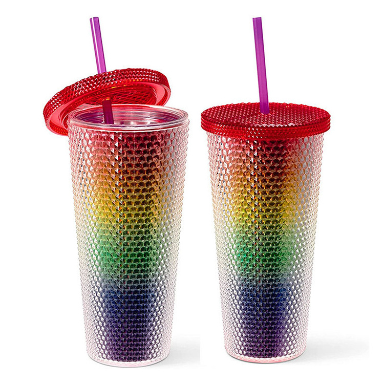 Rainbow Studded Promotional Oem Wholesale Price Matte Acrylic Plastic Tumbler Mug Cups