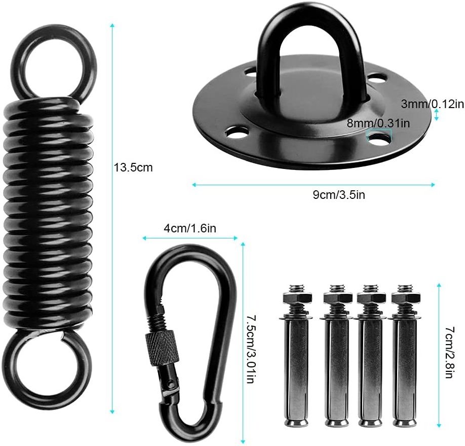 360 Rotation Hammock Chair Hanging Kit Stainless Steel Hammock Spring Swivel Chairs Hanging Seat Black Snap Hook Ceiling Mount