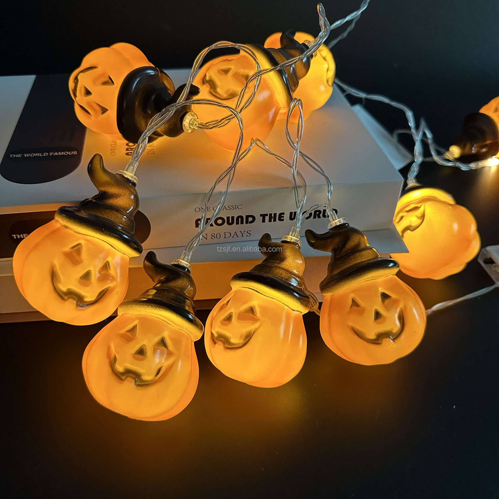 Halloween Decorations Battery Operated LED Halloween Pumpkin String Lights Scary Hanging Lighted Orange Pumpkin Wizard Hat