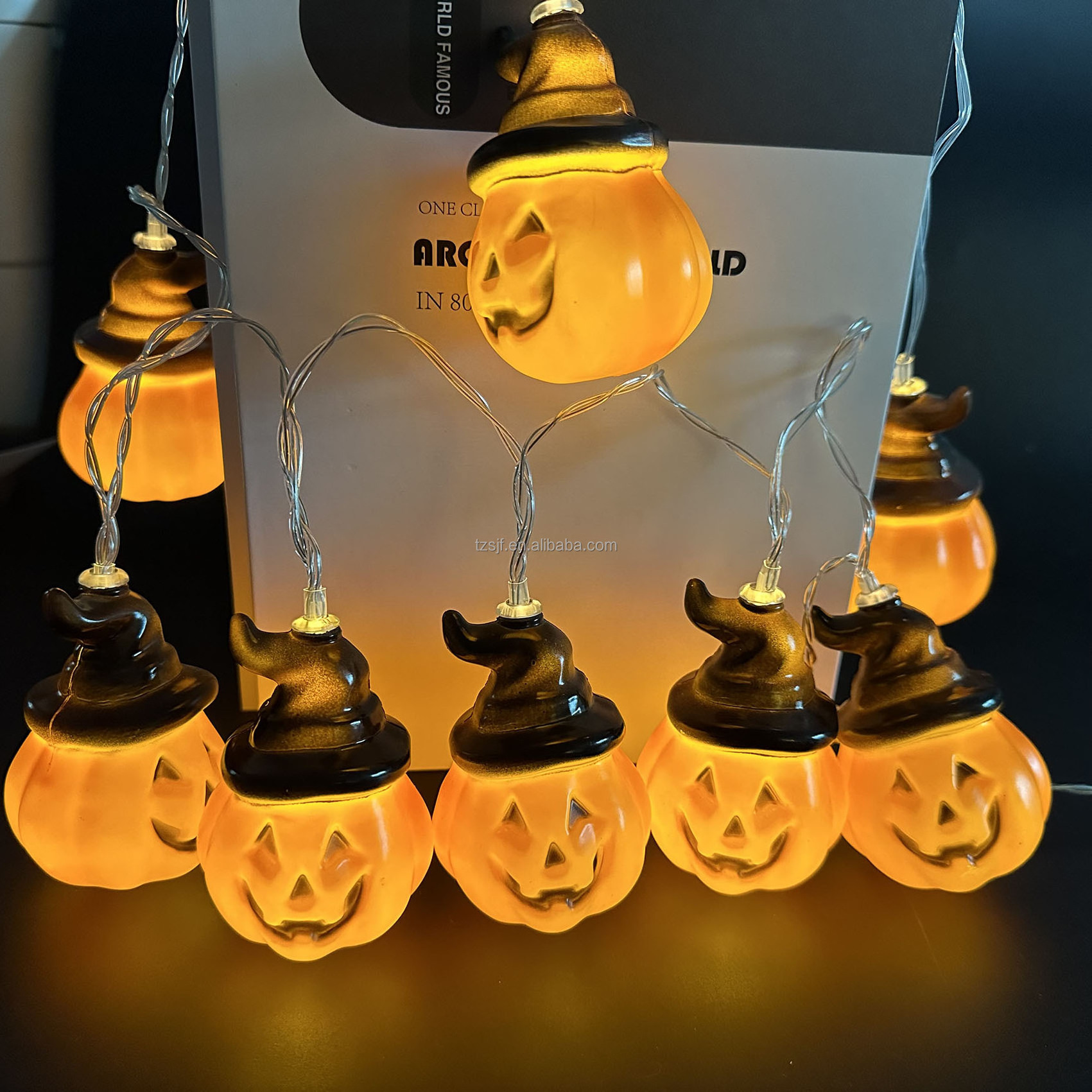 Halloween Decorations Battery Operated LED Halloween Pumpkin String Lights Scary Hanging Lighted Orange Pumpkin Wizard Hat