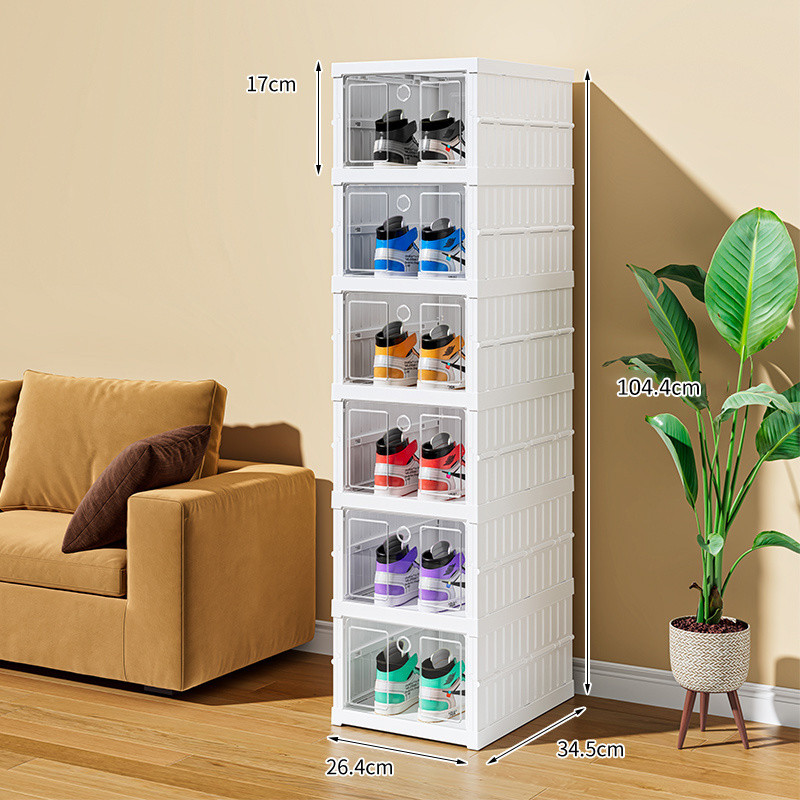 Installation-free 6 Layers Plastic Collapsible Shoe Rack Organizer Cabinet Transparent Display Bins Boots Sneaker Rack