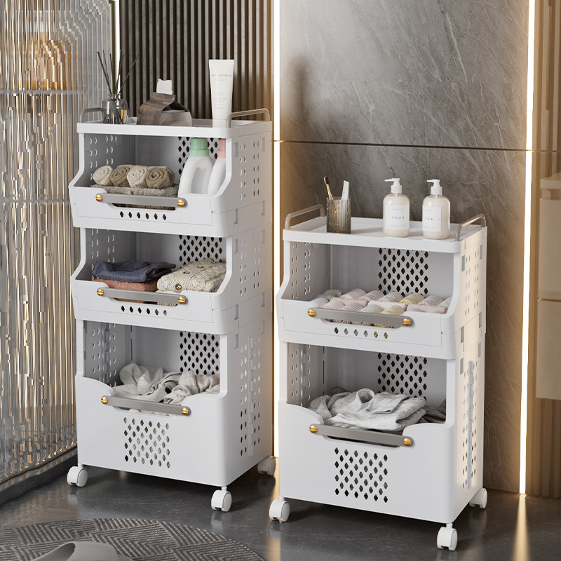 Wholesale 2 to 4 Tier Foldable Laundry Basket Bathroom Storage Rack Plastic Shelf Toys Clothes Organizer With Wheels