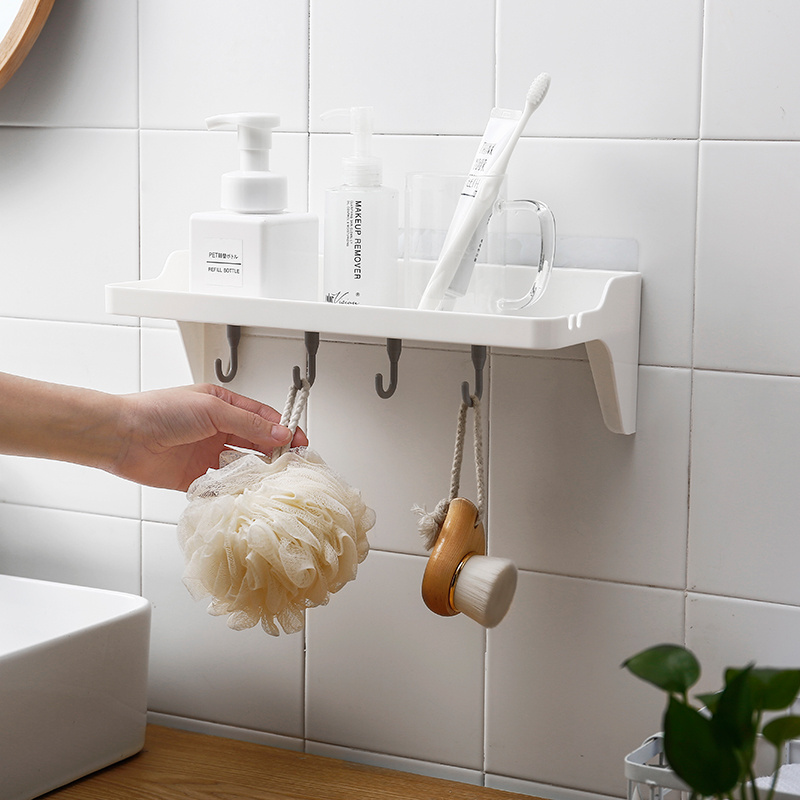 Seamless Paste Bathroom Shower Storage Shelf Plastic Wall Mounted Kitchen Storage Rack With Hooks Key Holder Hanger Hook Rack