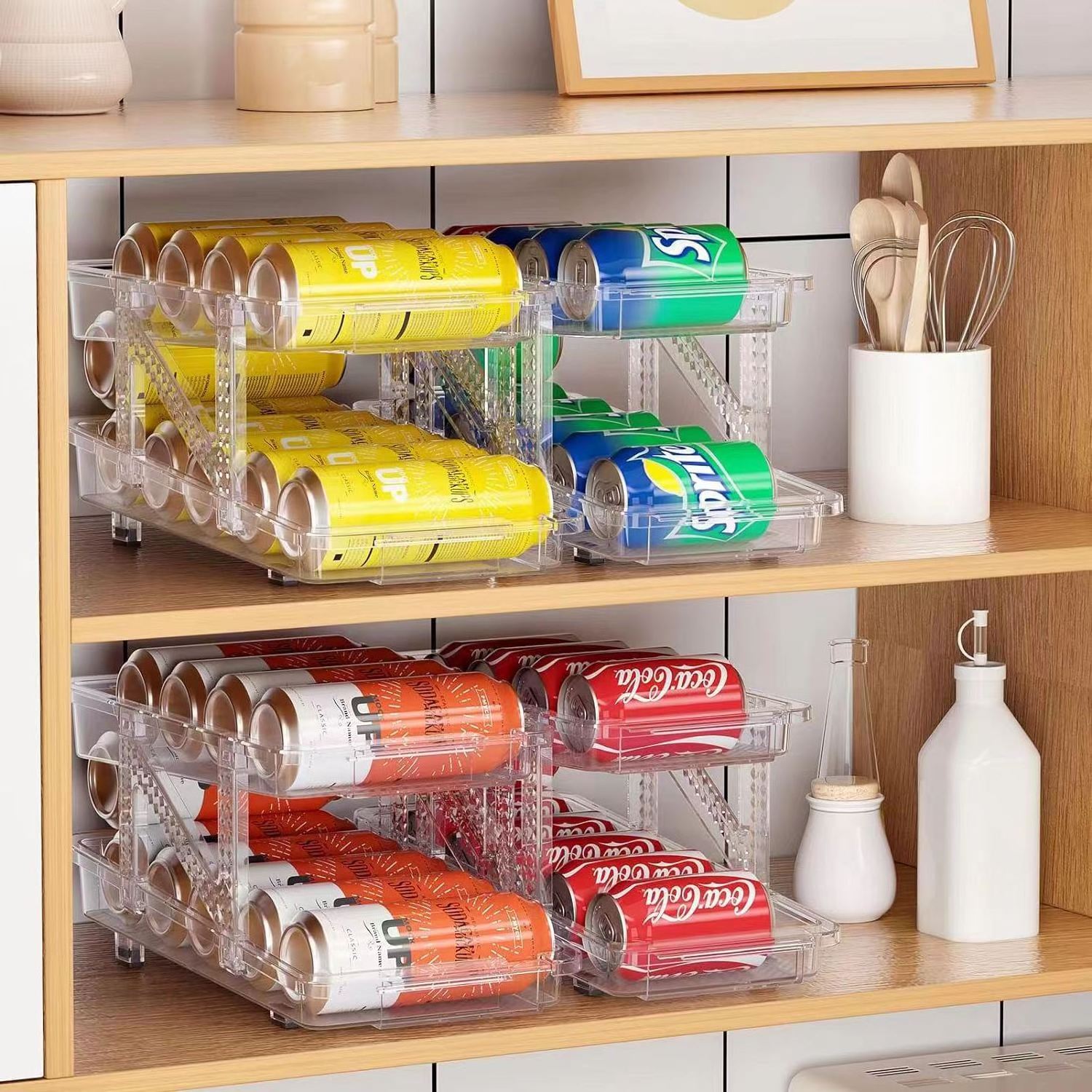 Wholesale Clear Adjustable Kitchen Fridge Organizer Space Saving Storage Rack 2 Tier Beverage Holder