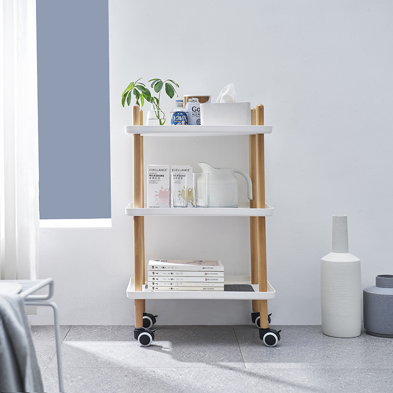 Three Tier Movable Storage Racks Plastic Wooden Bathroom Cart Kitchen Organization Storage Shelves Wheeled Trolley