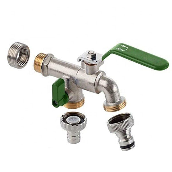 Wall Mount Outdoor Faucet Garden Bibcock Tap Double Valve Faucet