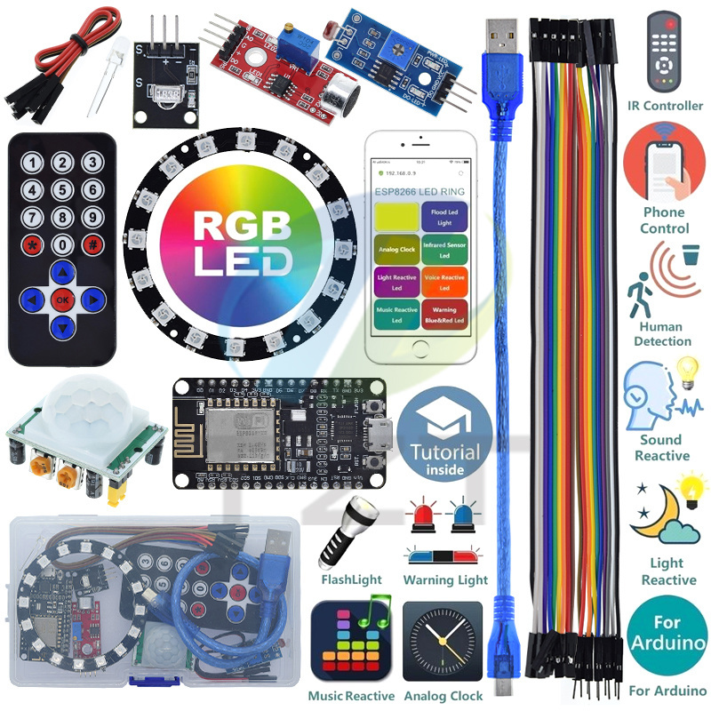 TZT Starter Kit For Arduino Kit ESP8266 LED Ring Strip RGB 24 Bits WS2812B Sound/Music Reactive,Analog Clock,Warning/Detection