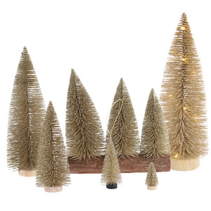 High Quality Custom Low Moq Plastic Wooden Bottle Brush Tree Winter Snow Ornaments Tabletop Trees