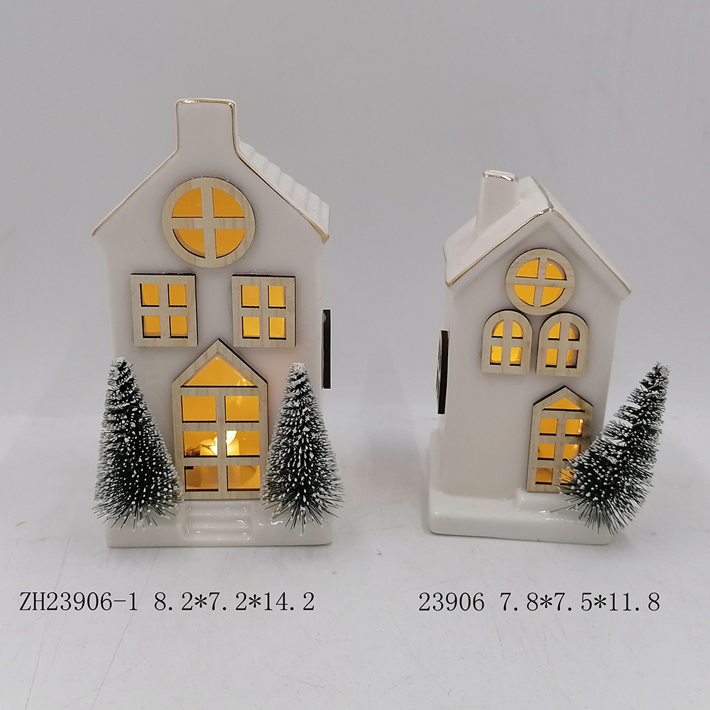 Home Tabletop Decorative LED Light Up Christmas Ceramic House Shape with Pine Tree Figurine