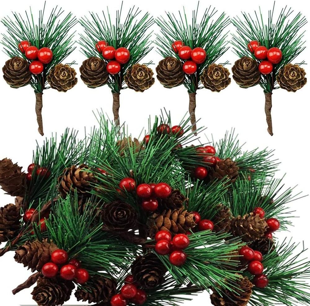 Christmas Tree Wreath Decor Mini Pinecone Picks Pine Needles Branches with Red Berry Stems