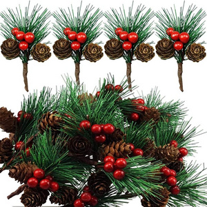 Christmas Tree Wreath Decor Mini Pinecone Picks Pine Needles Branches with Red Berry Stems