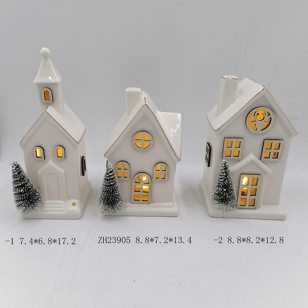 Home Tabletop Decorative LED Light Up Christmas Ceramic House Shape with Pine Tree Figurine