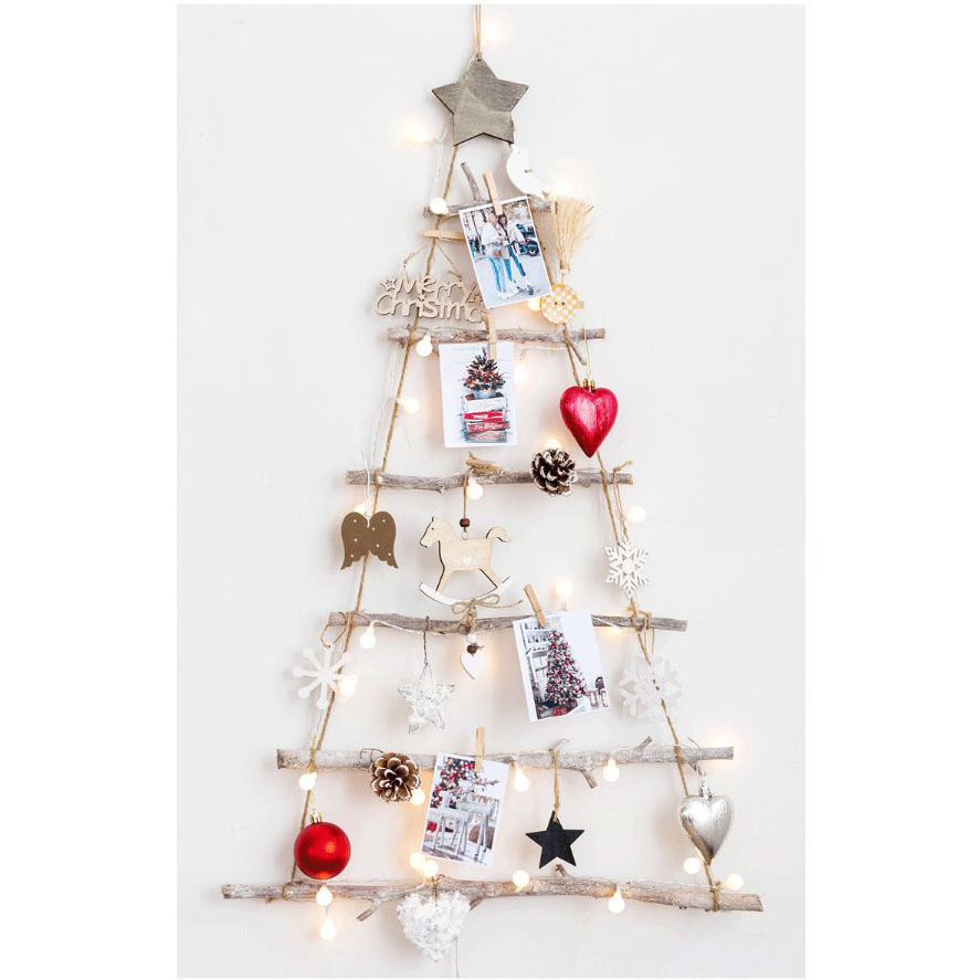 Wood Ladder Tree with Star Wall Hanging Twig Tree Christmas Decoration Wooden Hanging Ornaments