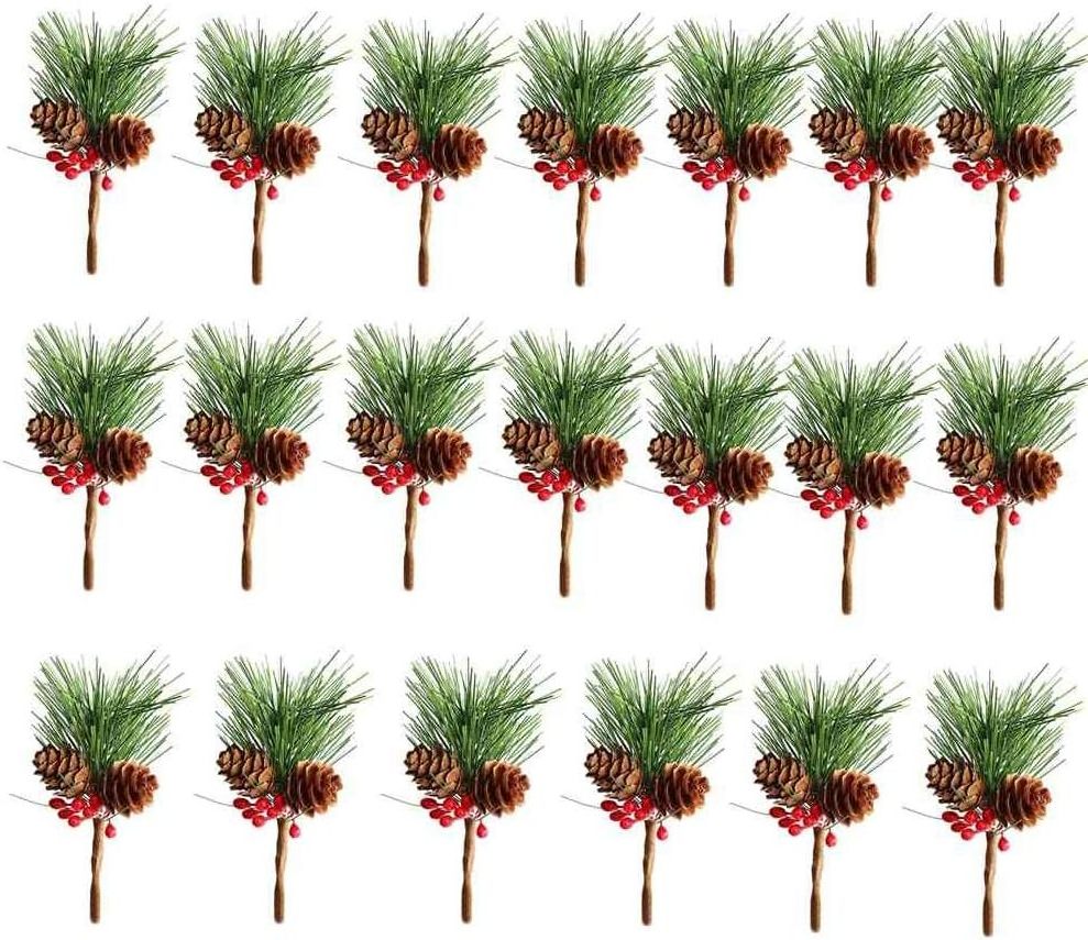 Christmas Tree Wreath Decor Mini Pinecone Picks Pine Needles Branches with Red Berry Stems