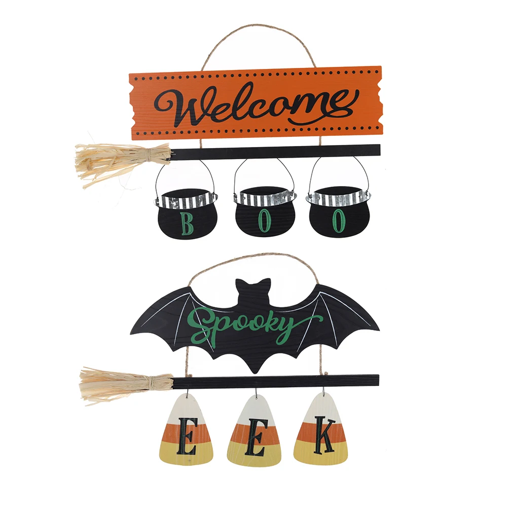 Halloween Door Hanging Sign Wooden Ghost Pumpkin Bat Trick or Treat Halloween Hanging Door Sign