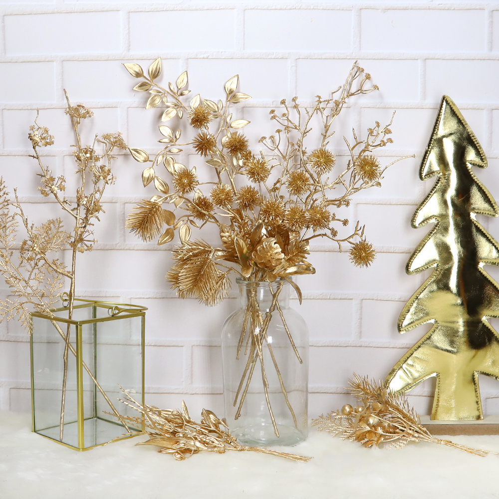 Christmas Gold Artificial Leaf Decoration Fake Leaves Plastic Tree Branches