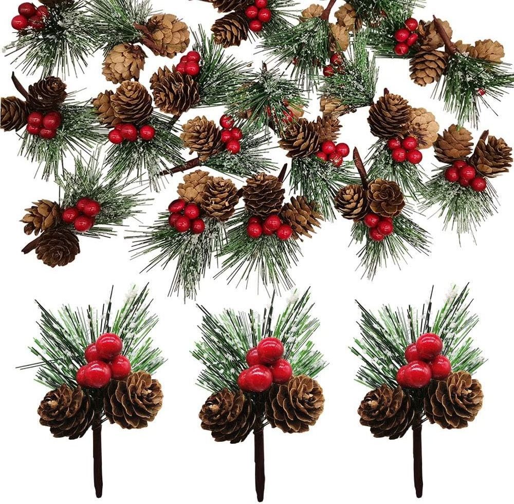 Christmas Tree Wreath Decor Mini Pinecone Picks Pine Needles Branches with Red Berry Stems