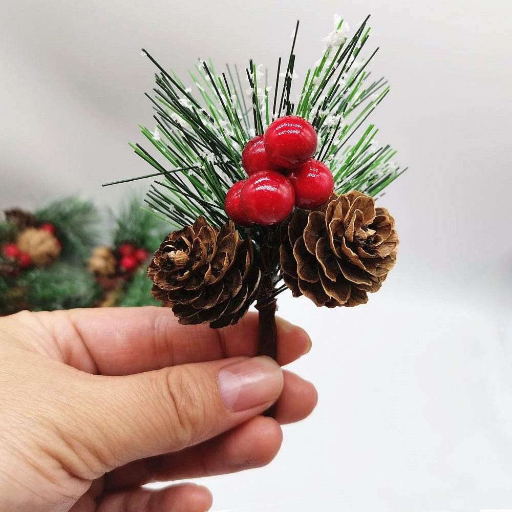 Christmas Tree Wreath Decor Mini Pinecone Picks Pine Needles Branches with Red Berry Stems