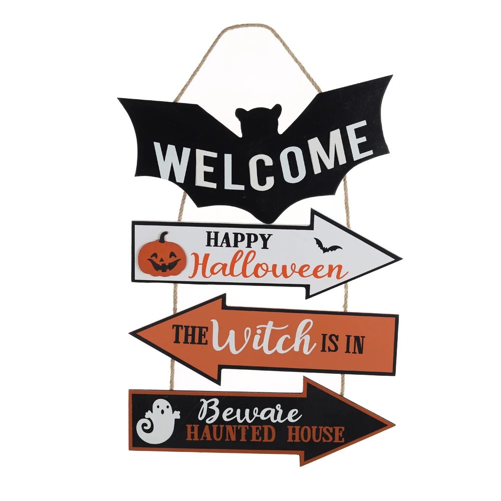 Halloween Door Hanging Sign Wooden Ghost Pumpkin Bat Trick or Treat Halloween Hanging Door Sign