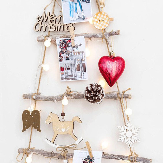 Wood Ladder Tree with Star Wall Hanging Twig Tree Christmas Decoration Wooden Hanging Ornaments