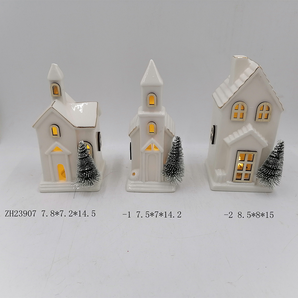 Home Tabletop Decorative LED Light Up Christmas Ceramic House Shape with Pine Tree Figurine