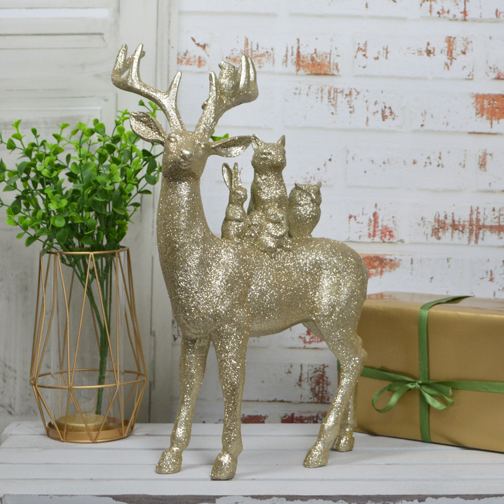 Christmas Figurines Deer Gold Glitter Holiday Reindeer for Tabletop Winter Decor