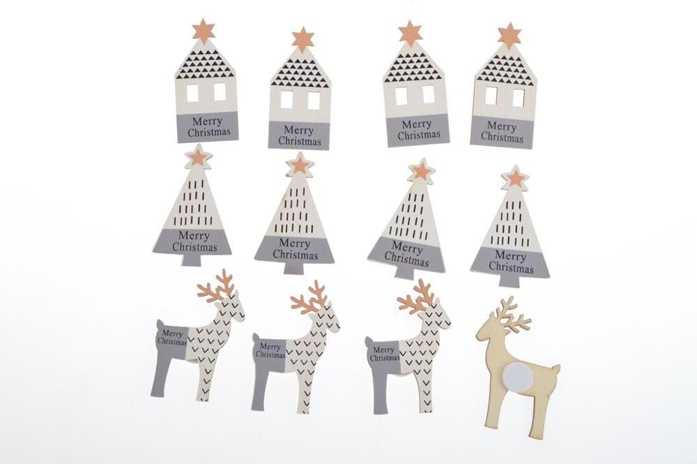 12 X Christmas Wooden Tree Stickers Embellishments Craft Cardmaking Wall Decoration