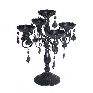 Halloween Black Metal Crystal Lace Ornament with Five Arms Festival Candle Holder Candelabra