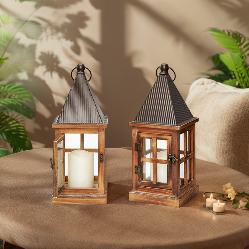 Nature Moroccan Metal Pyramid Peaked Candle and Wooden Lantern Home Decorative for Weddings Candle Holder Lantern for Home Decor