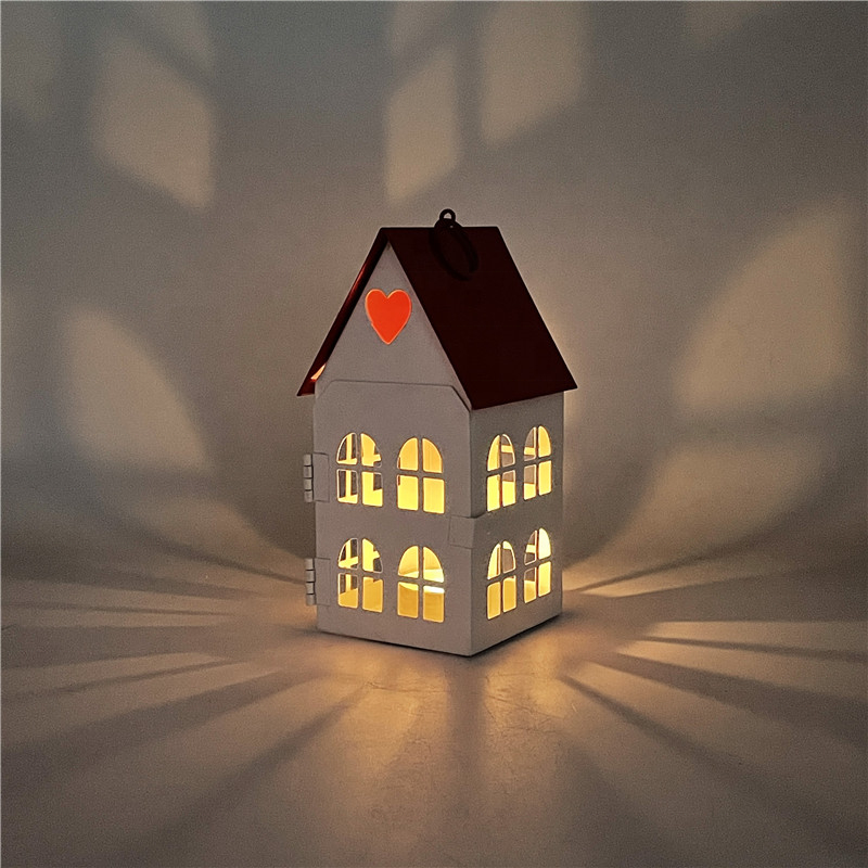 Hot Sale Christmas Red Roof and White body House Shape Candle Holders White Lantern Metal Cheap Small Lantern