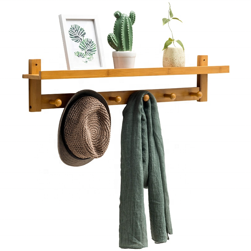 Bamboo Wooden Wall Mounted Coat Rack Wall Mount With Shelf Photo Frame Shelf Hooks Perfect Touch for Entryway Kitchen Bathroom