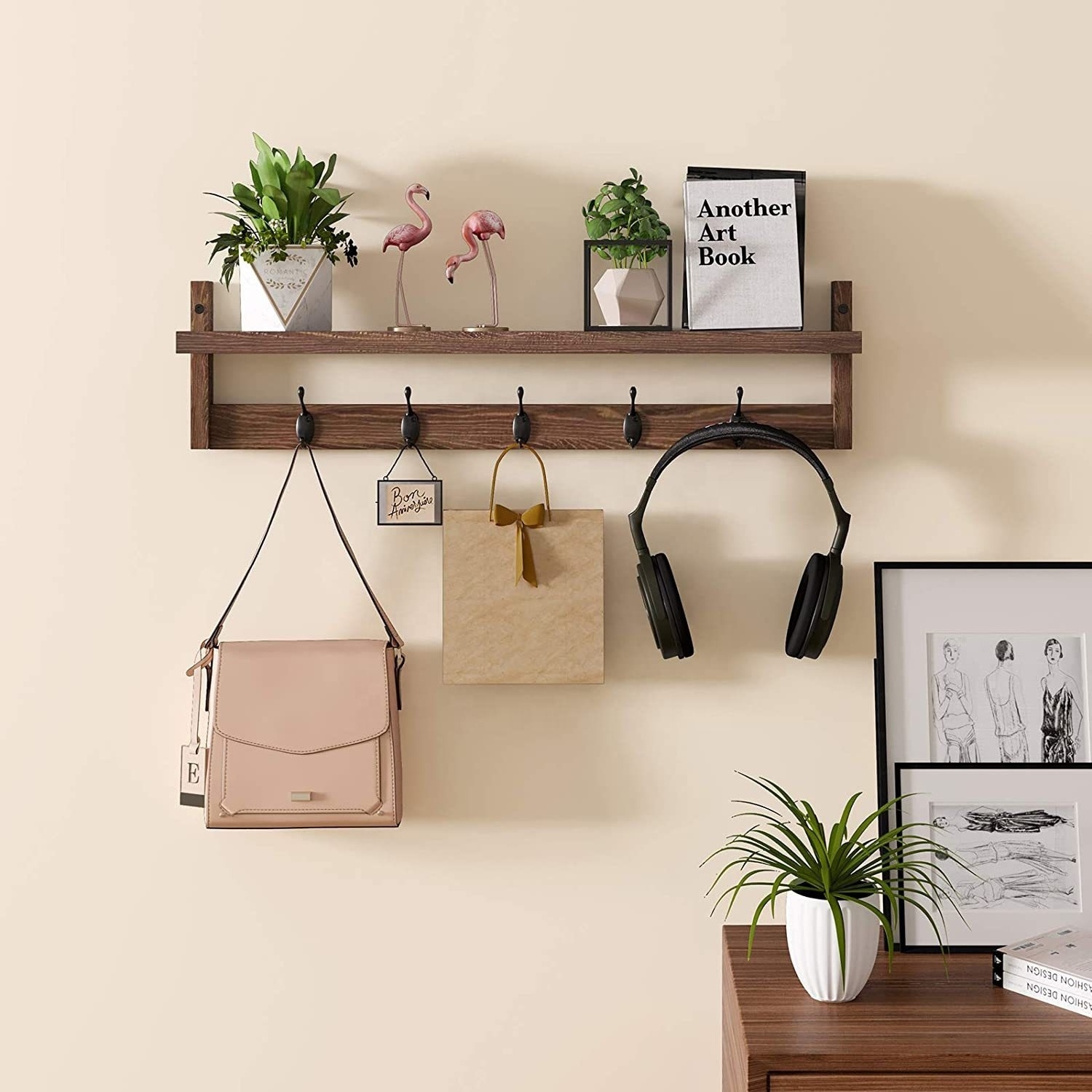 Entryway Coat Rack Wall Mount Key Holder Mail Envelope Hook Organizer Clothes Hat Hanger with Faux Brown Leather Shelf