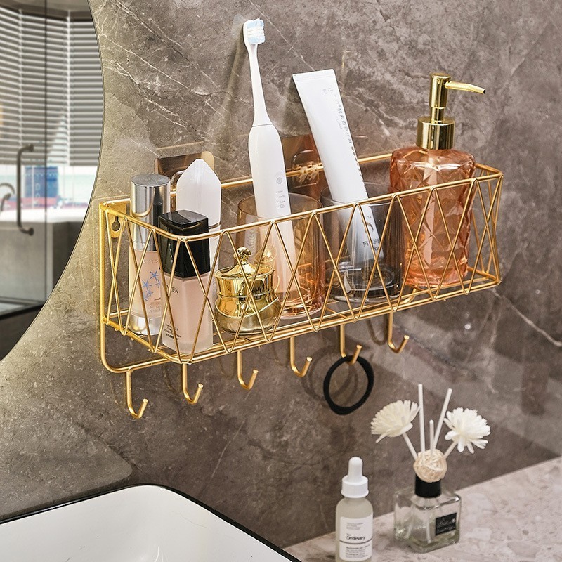 Hot sale Bathroom Wall Hanging storage shelf  Golden Metal Wire Shower Shelf Rack  cosmetics Waterproof storage rack