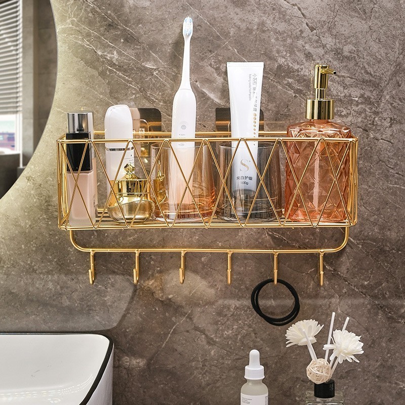 Hot sale Bathroom Wall Hanging storage shelf  Golden Metal Wire Shower Shelf Rack  cosmetics Waterproof storage rack