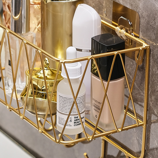 Hot sale Bathroom Wall Hanging storage shelf  Golden Metal Wire Shower Shelf Rack  cosmetics Waterproof storage rack