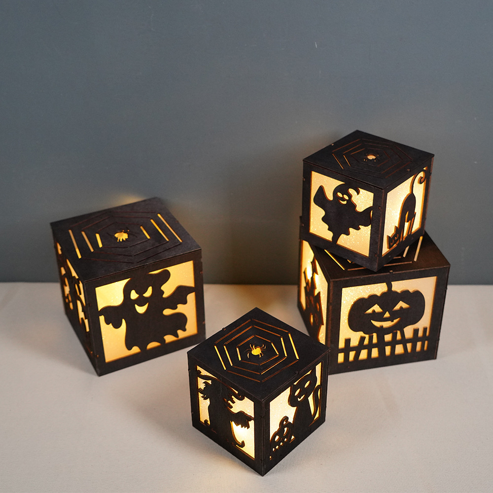 Mini Light Up Led String Lights Wooden Craft Halloween Gost Lantern Hat Pumpkin Jack-o-lantern