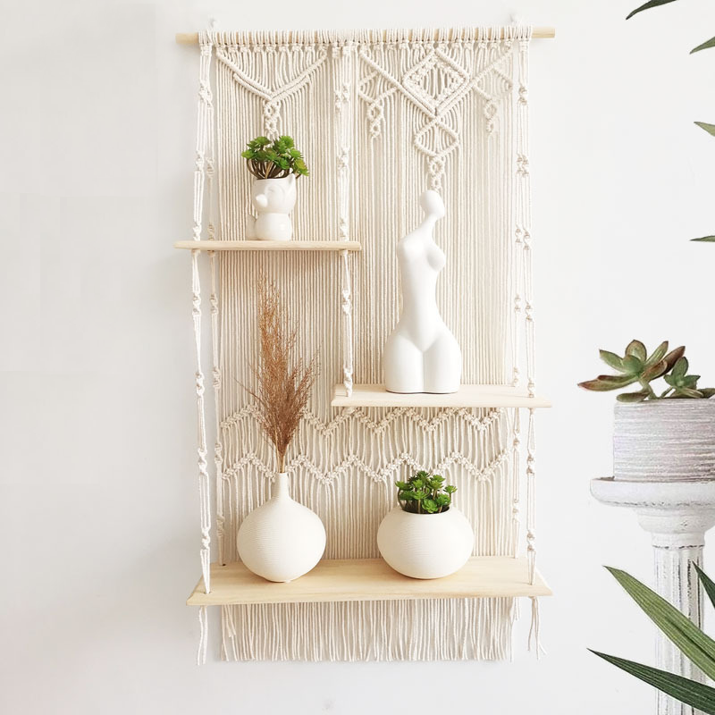 3 Tier Handmade Organizer Hanger Boho Wall Shelves Macrame Floating Indoor Plant Bohemian Wall Shelf