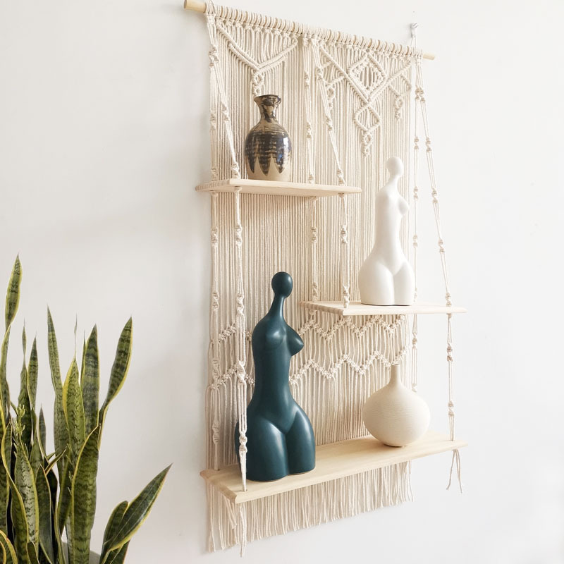 3 Tier Handmade Organizer Hanger Boho Wall Shelves Macrame Floating Indoor Plant Bohemian Wall Shelf