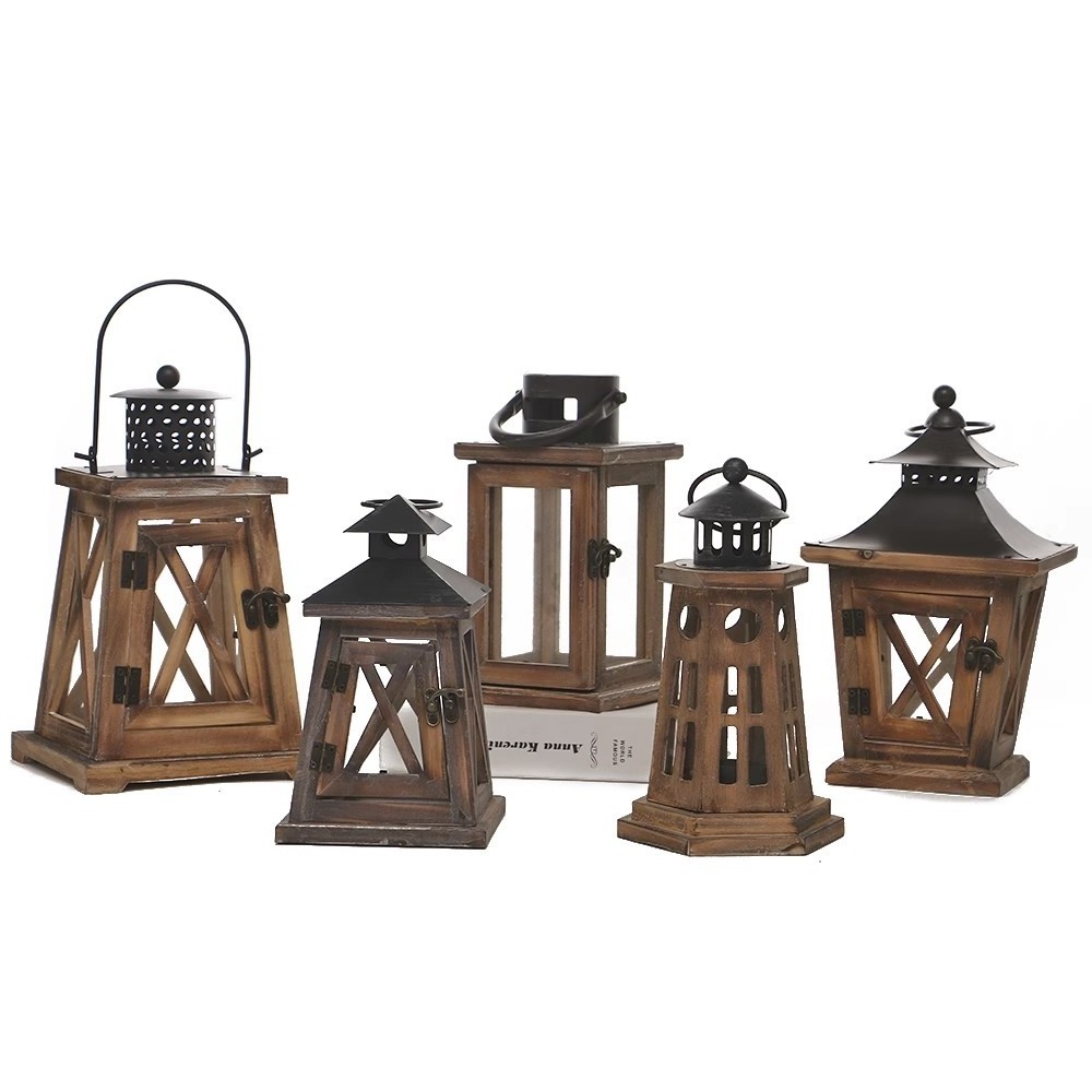 Nature Moroccan Metal Pyramid Peaked Candle and Wooden Lantern Home Decorative for Weddings Candle Holder Lantern for Home Decor