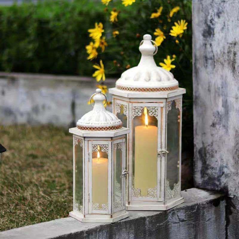 Wedding Metal White Iron Romantic Candle Holder Lantern With LED Candle For Wedding Decoration